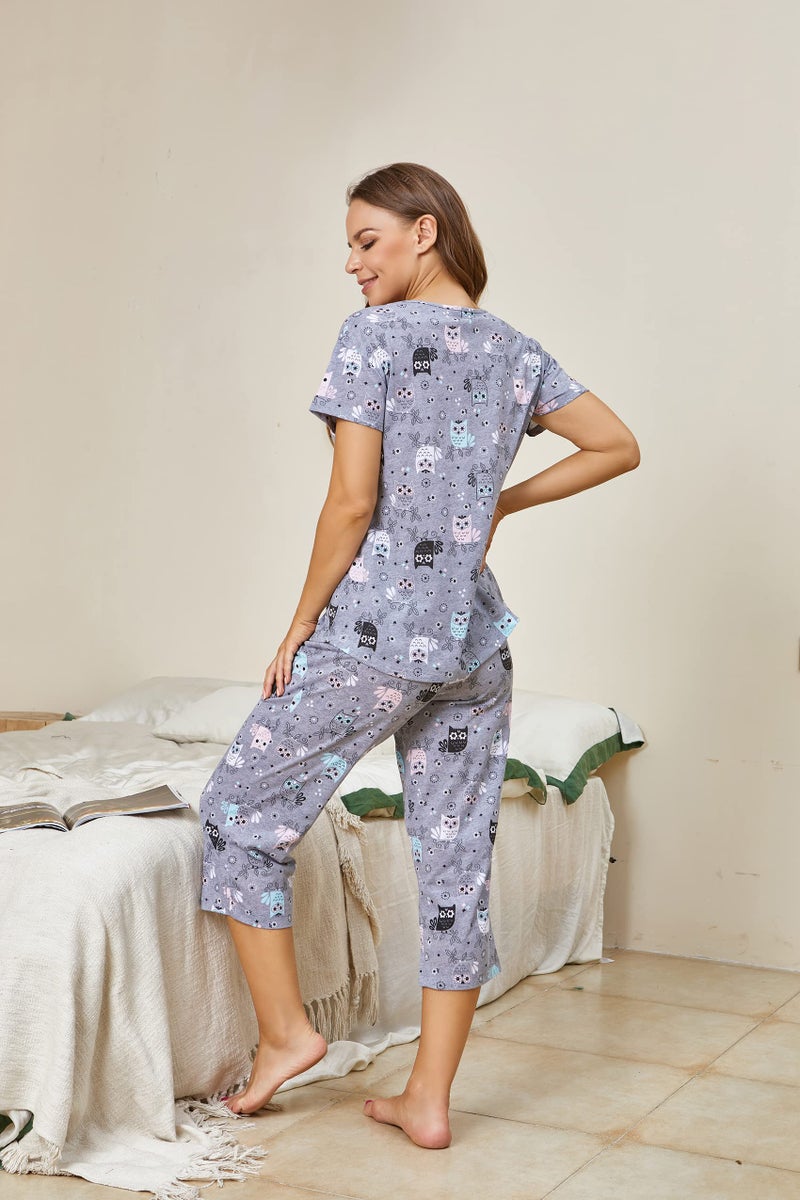 PNAEONG Women Pajama Set Sleepwear Tops with Capri Pants Casual and Fun Prints Pajama Sets SY215-Gray Owl-M - Image 2
